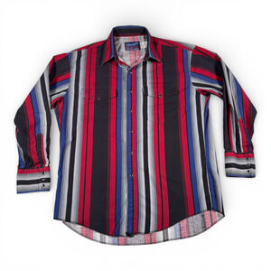 Vintage Wrangler Western Shirt Adult LARGE Red Black Gray Striped Pearl Snap 80s